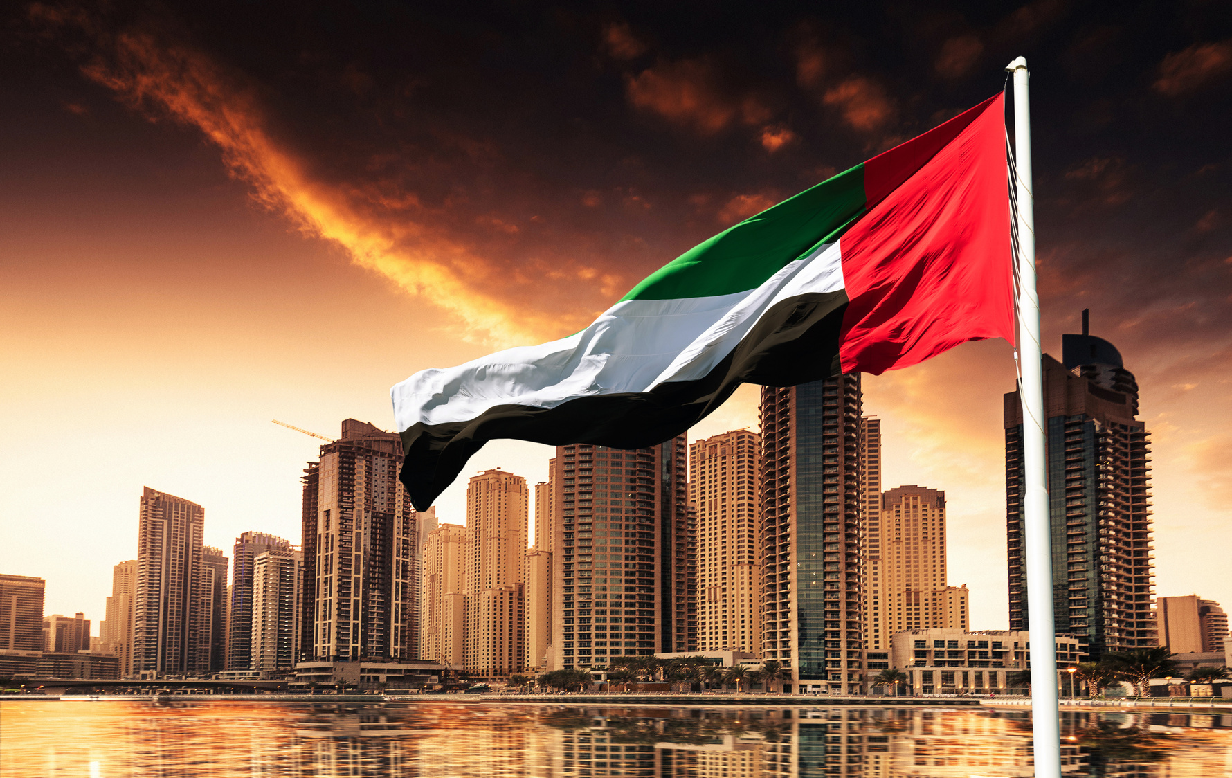 uae flag against the dubai skyline